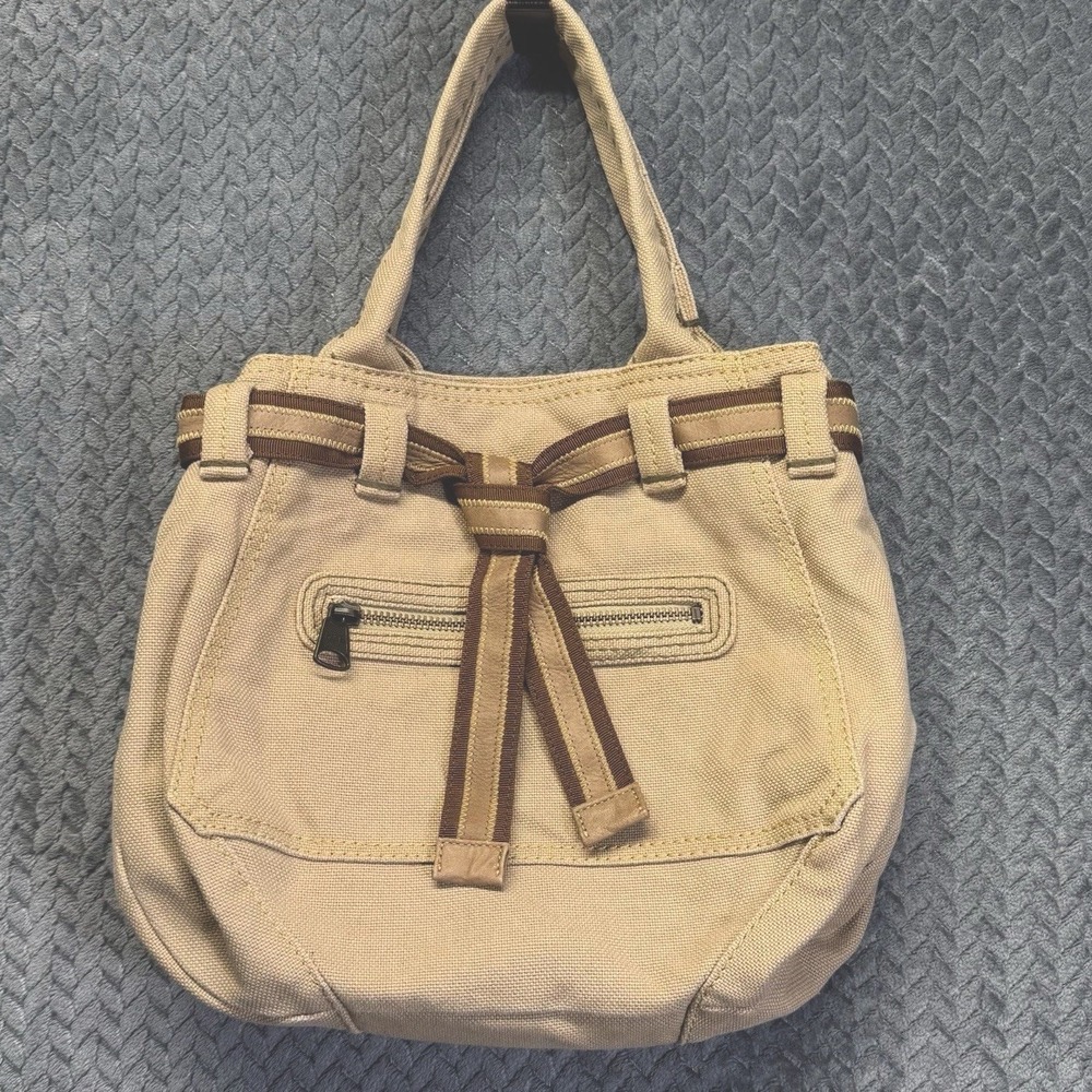 Vintage Y2K Gap 1969 Canvas Tote Handbag Beige Brown Leather Trim Bow Pocket
